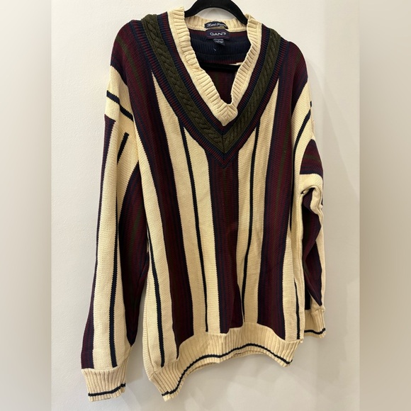 GANT Cream and Burgundy V-Neck Sweater - Mens large - 100% cotton - Picture 1 of 5